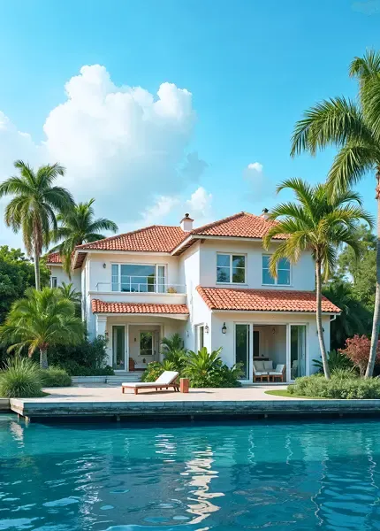 Luxury tropical house with a red roof, palm trees, and a swimming pool in front