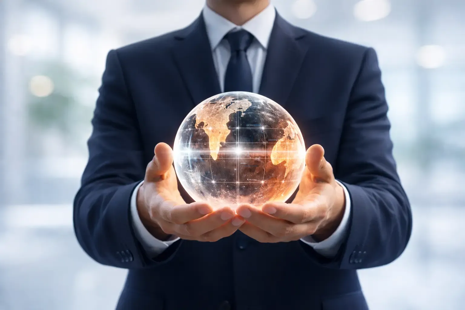  Business professional in a navy suit holding a glowing digital globe, symbolizing global finance, international payments, and currency exchange.