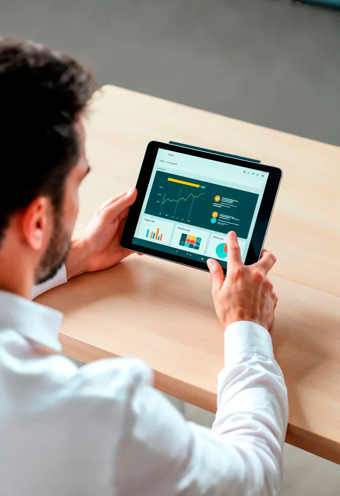 Man using a tablet to review financial analytics and dashboard reports at a desk