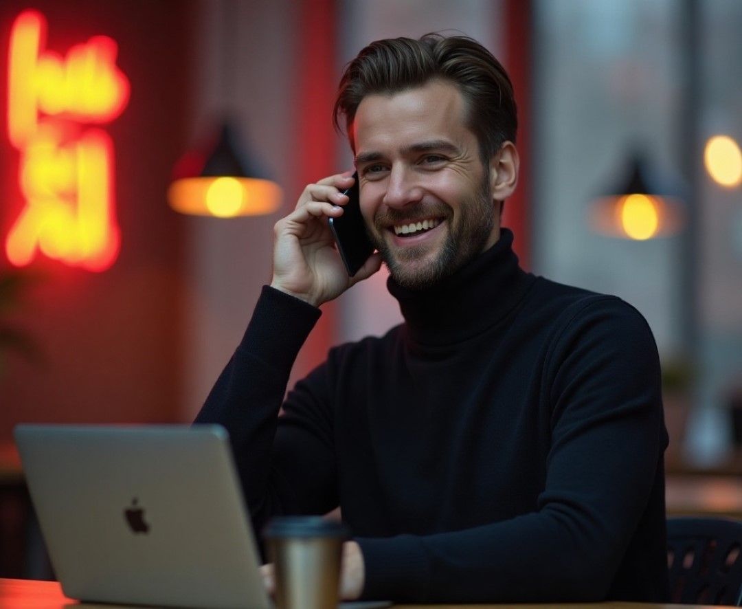 A smiling man in a black turtleneck talking on his phone while working on a laptop in a cozy indoor setting with warm ambient lighting, suggesting business or remote work.