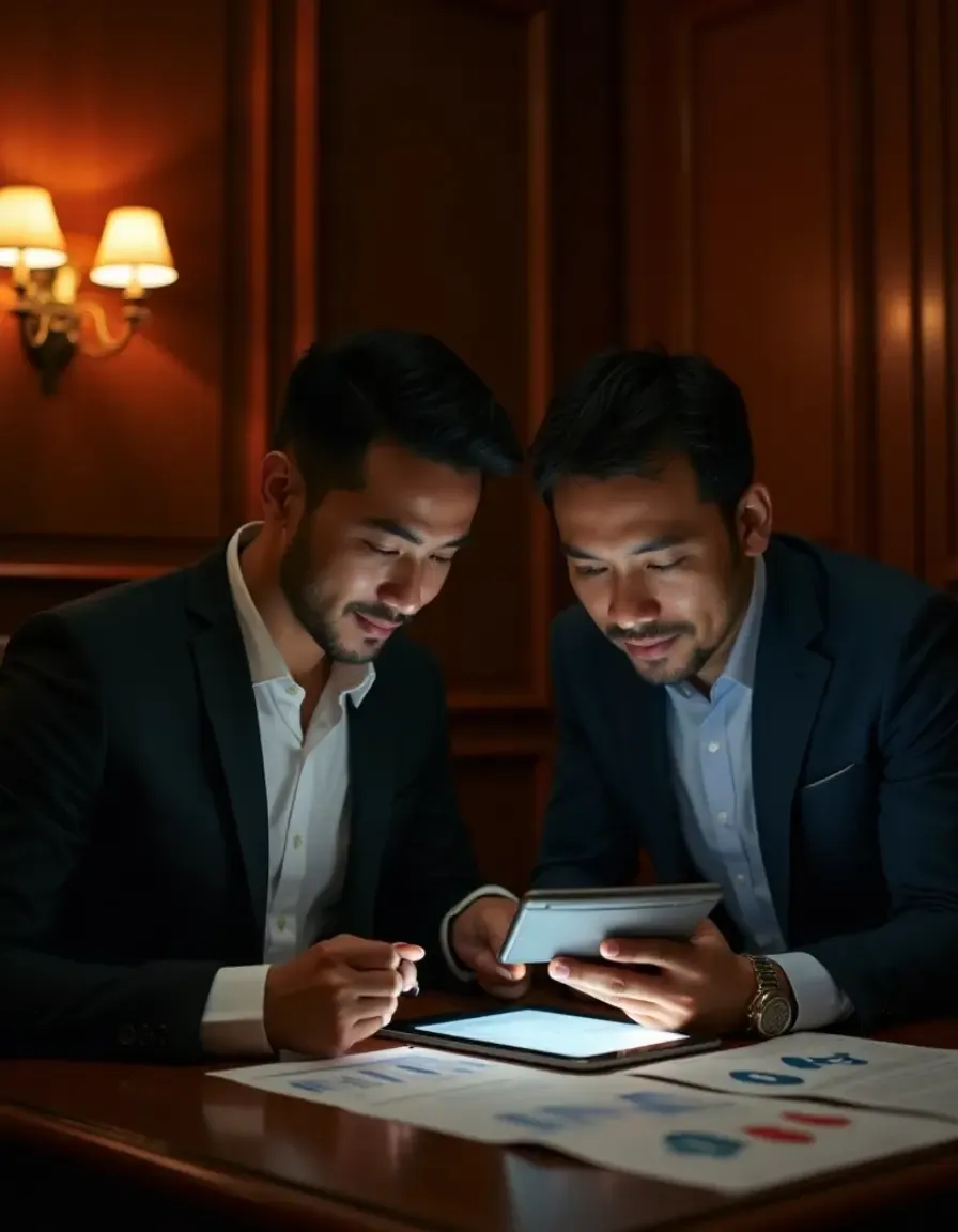 Two businessmen reviewing data and analytics on a tablet in a warmly lit office