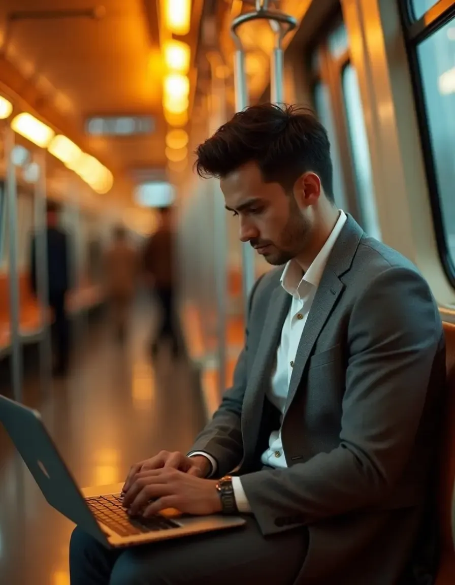 Businessman in a suit working on his laptop while commuting on a subway train, representing remote work and productivity on the go.