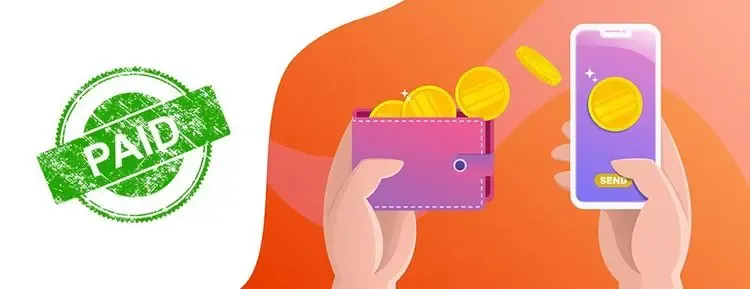 Illustration of a mobile phone sending digital coins to a wallet, with a green ‘PAID’ stamp on the left, symbolizing fast and easy international invoicing.