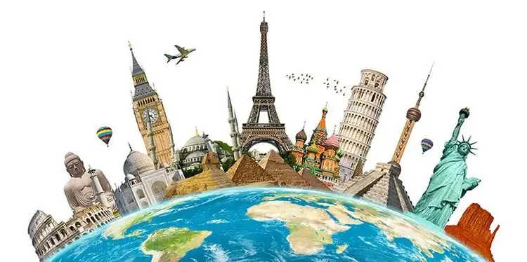 Famous global landmarks from around the world, including the Eiffel Tower, Statue of Liberty, Big Ben, and Leaning Tower of Pisa, emerging from a rotating Earth—symbolizing international travel and relocation.
