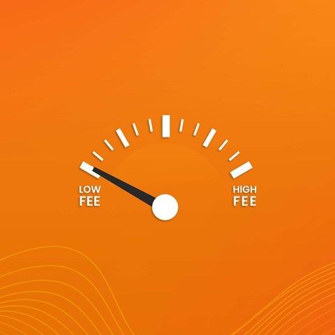 Graphic showing a gauge pointing to 'Low Fee' with two small business owners working on laptops, emphasizing affordable international money transfers.