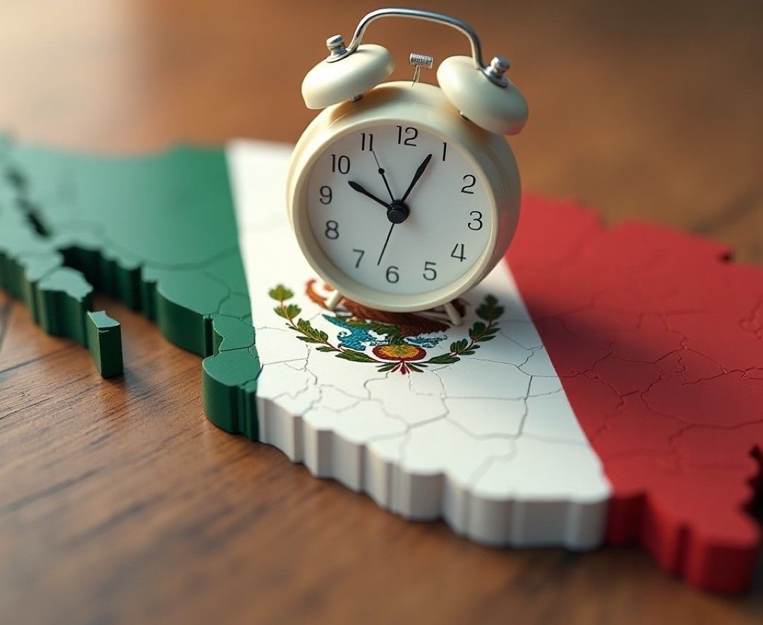 A 3D map of Mexico featuring the national flag design with a cream-colored alarm clock placed on top, representing time zones or scheduling in Mexico.