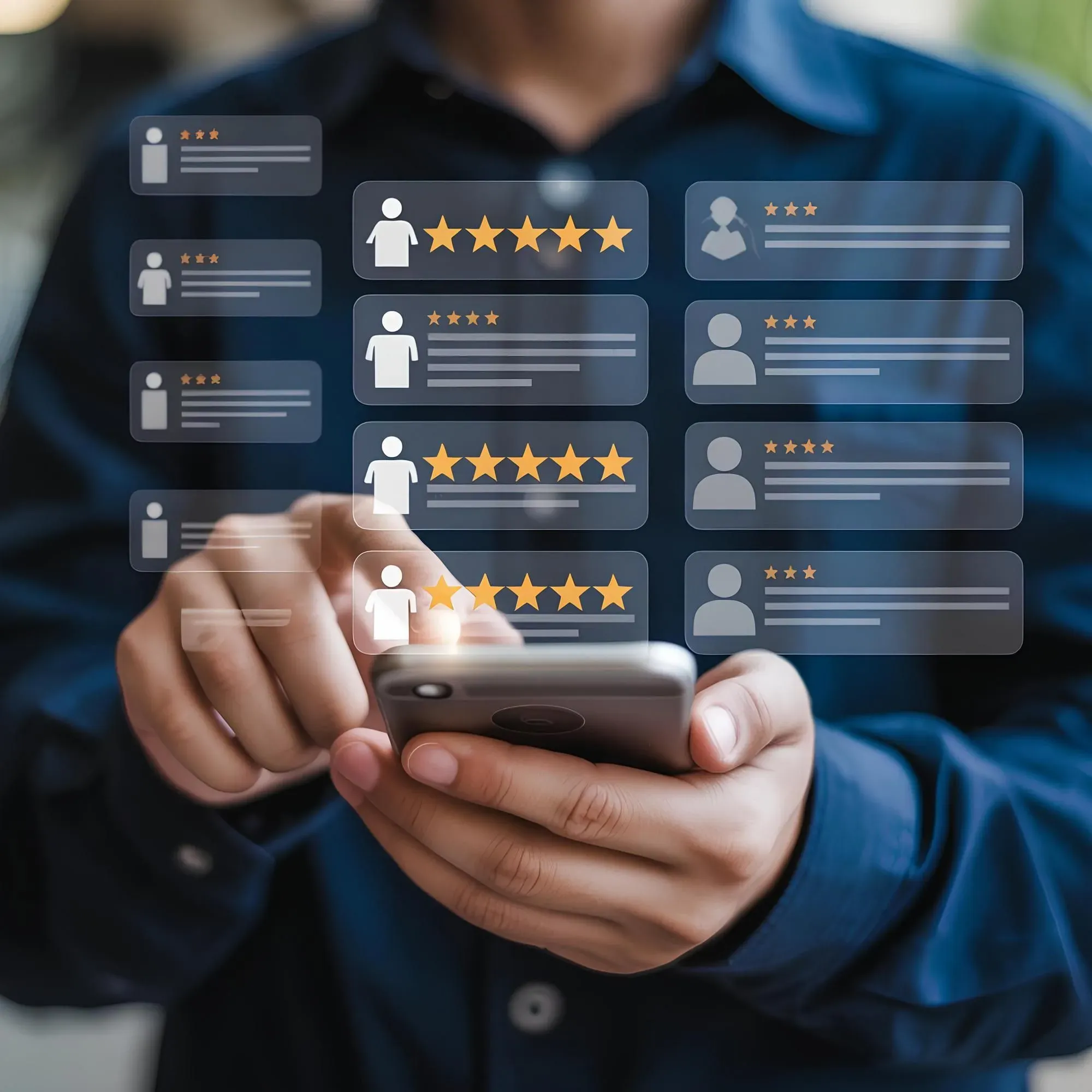 Person using smartphone with floating five-star customer review icons, representing online ratings, feedback, and digital reputation management.