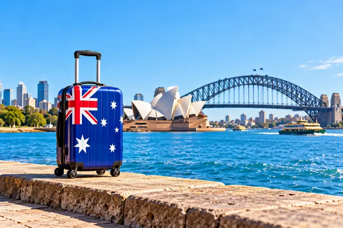 Suitcase featuring the Australian flag overlooking Sydney Harbour, with the Opera House and Harbour Bridge in the background.