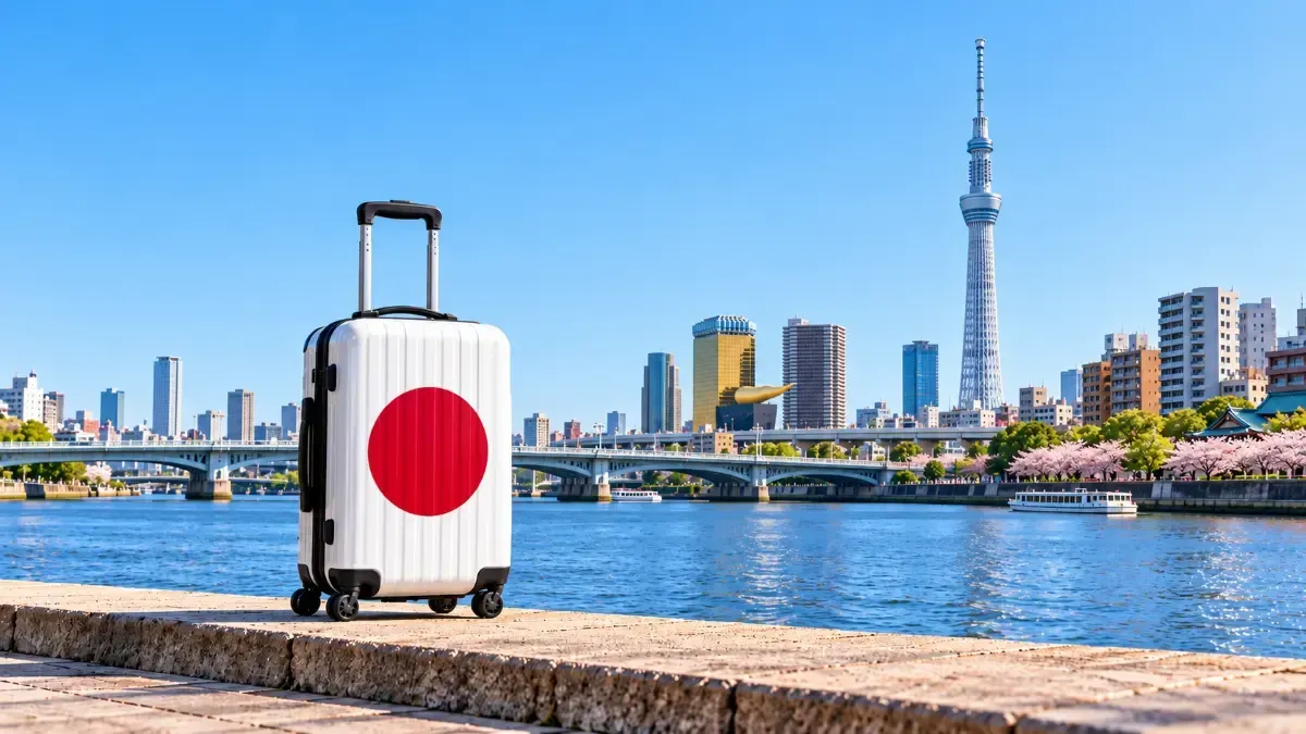 Japanese flag suitcase beside Tokyo’s Sumida River with Tokyo Skytree in the background, representing moving to Japan from Canada.
