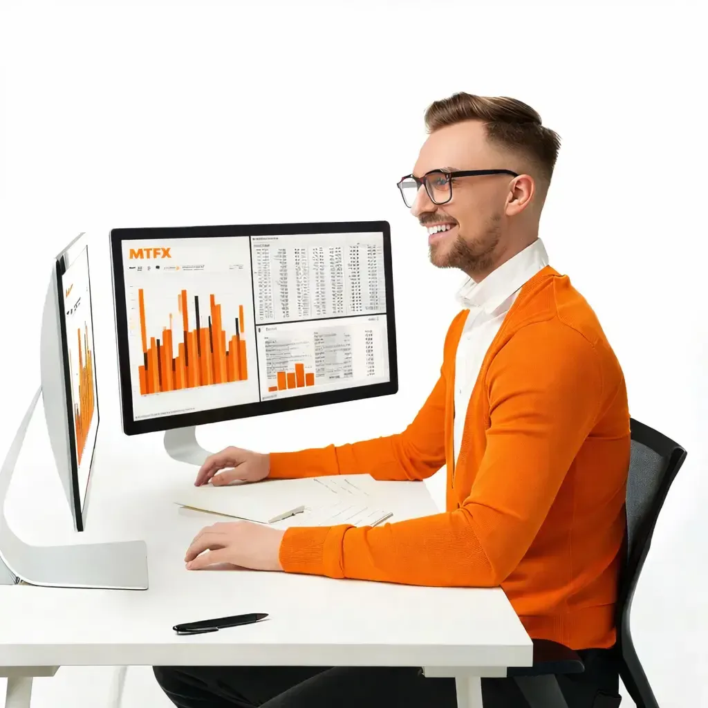 Business professional reviewing MTFX dashboard with currency charts and analytics on desktop monitor, highlighting FX insights and international payment performance.