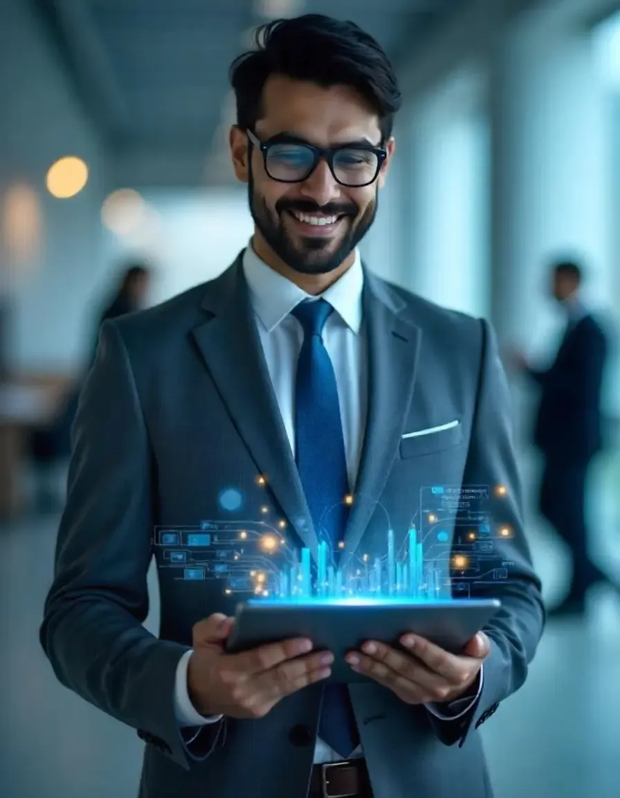 Smiling businessman holding a tablet with digital financial data visualizations emerging from the screen