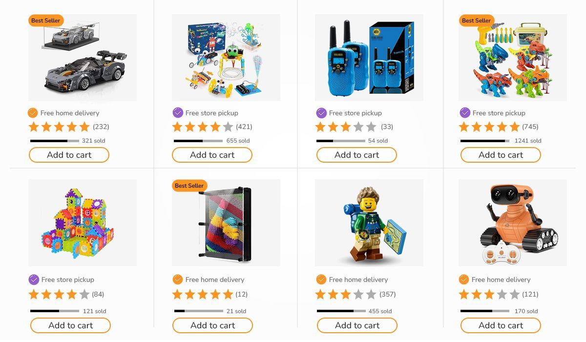 Hero image visual showing an e-commerce website featuring toy listings with reviews, units sold, and add to cart button.