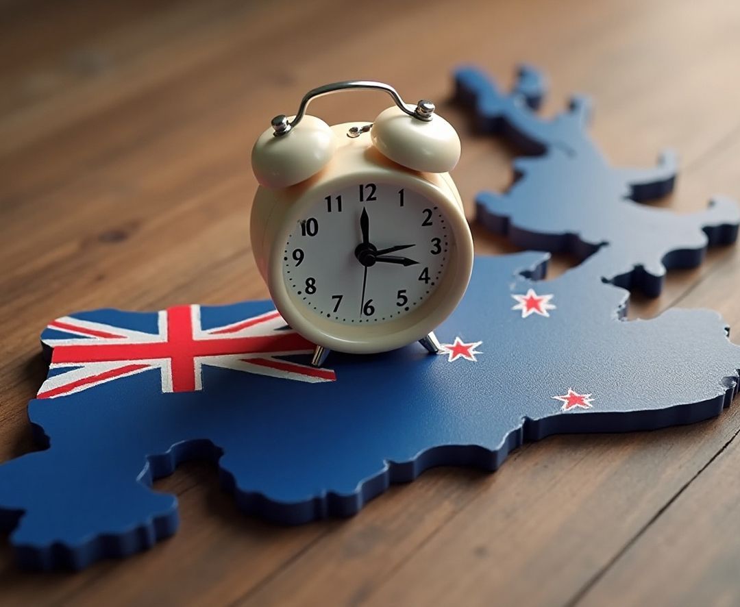 A clock placed on a stylized New Zealand map with the national flag, symbolizing fast and reliable ways to send money to New Zealand.