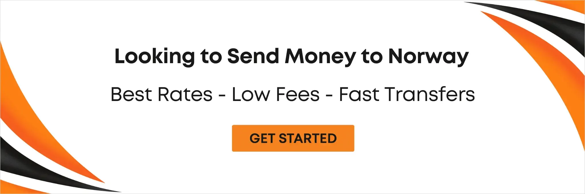 Banner promoting MTFX money transfer services to Norway with bold text highlighting best rates, low fees, and fast transfers