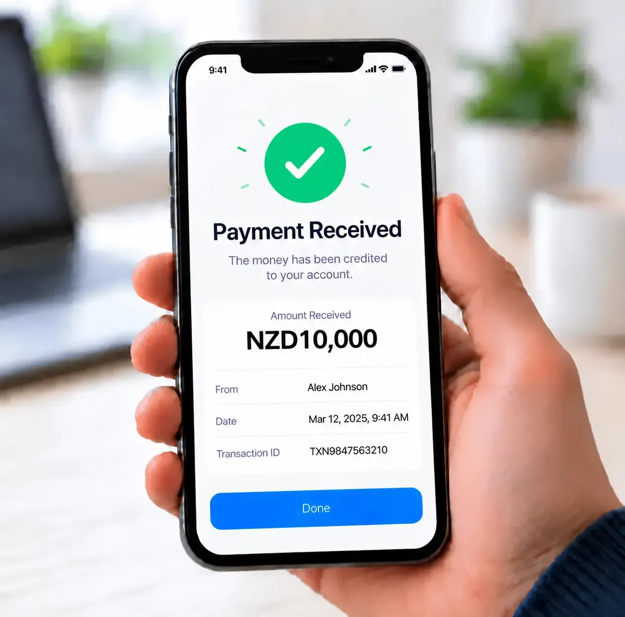 Smartphone displaying a successful NZD 10,000 payment received confirmation with transaction details.