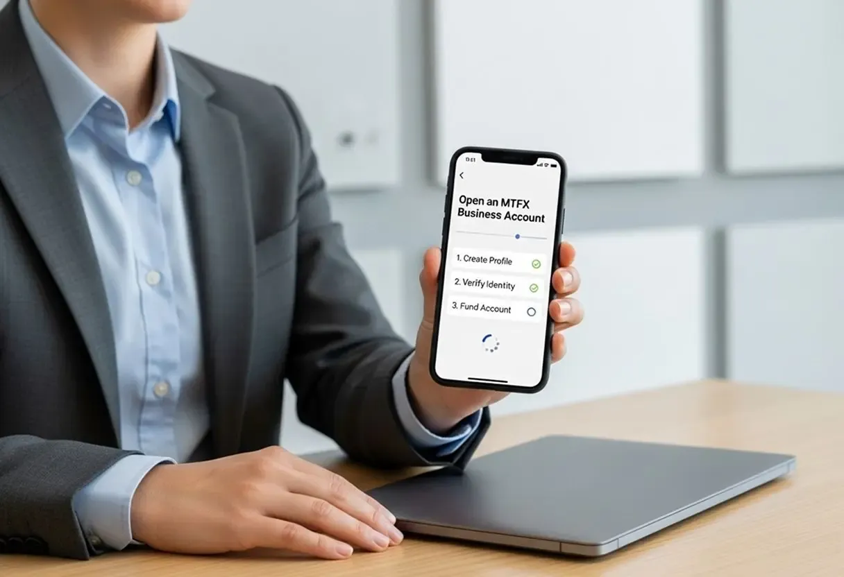 Business professional holding a smartphone showing the MTFX Business Account setup screen with steps: Create Profile, Verify Identity, and Fund Account.
