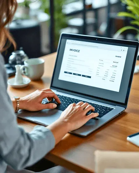 Person typing on a laptop with an online invoice displayed on the screen