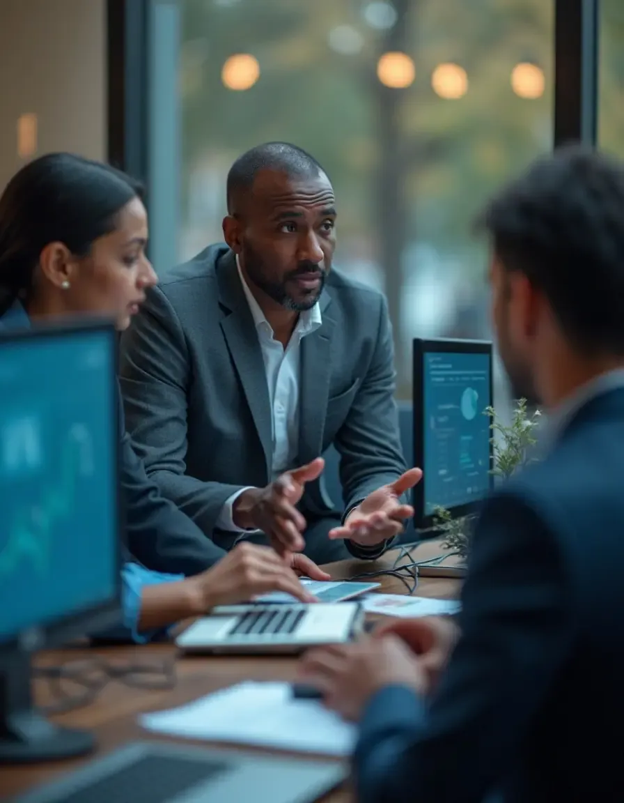 Group of professionals in a business meeting, analyzing data on computer monitors and discussing financial or strategic decisions.