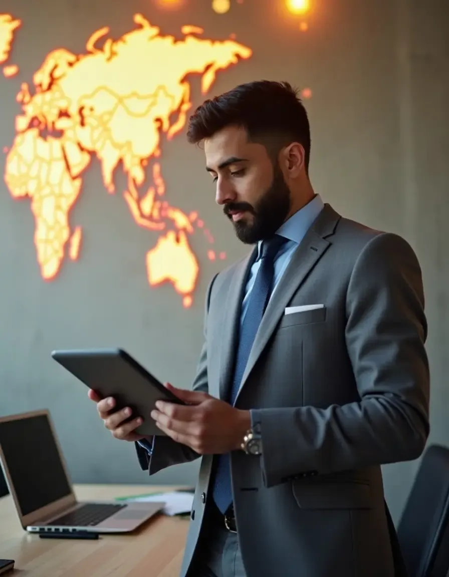 Businessman in a suit using a digital tablet in front of a glowing orange world map, symbolizing global strategy or international connectivity.