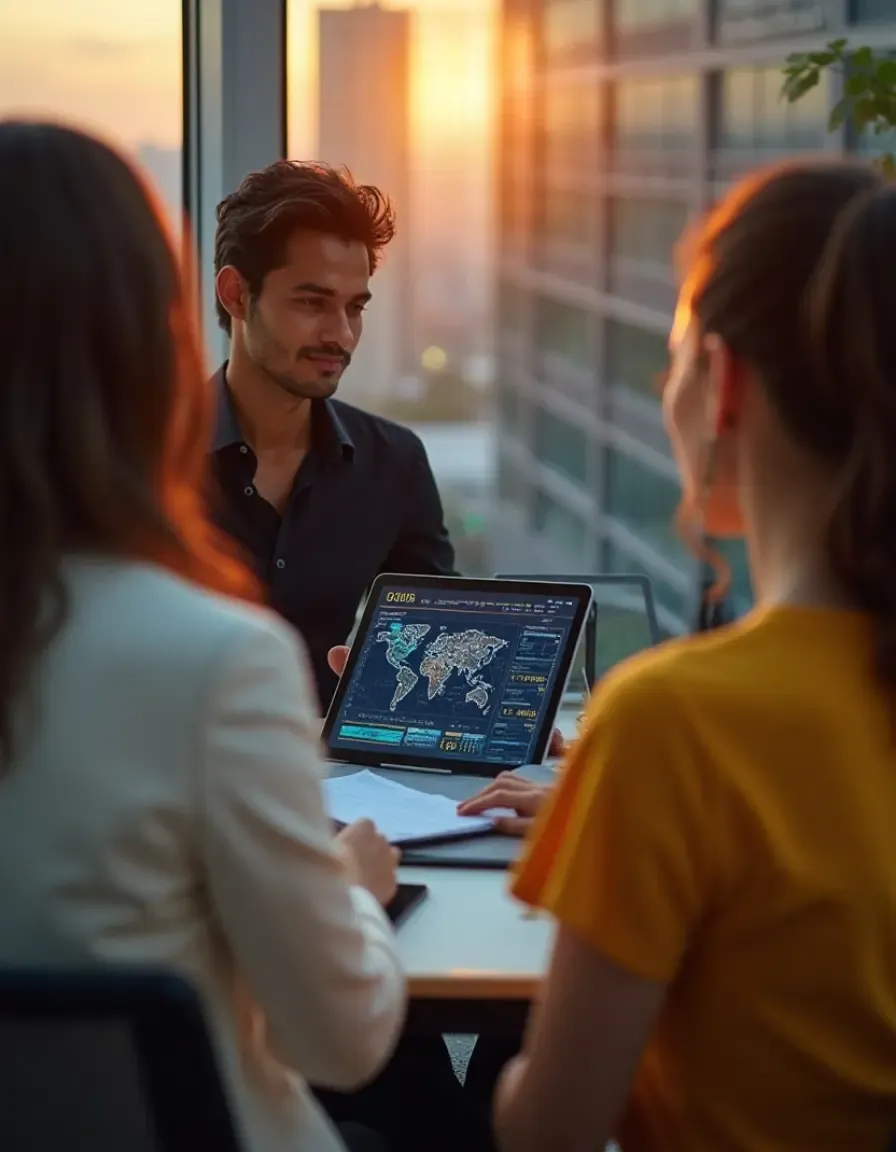 Business professionals discussing global data insights shown on a laptop screen during a sunset meeting in a modern office with city views.