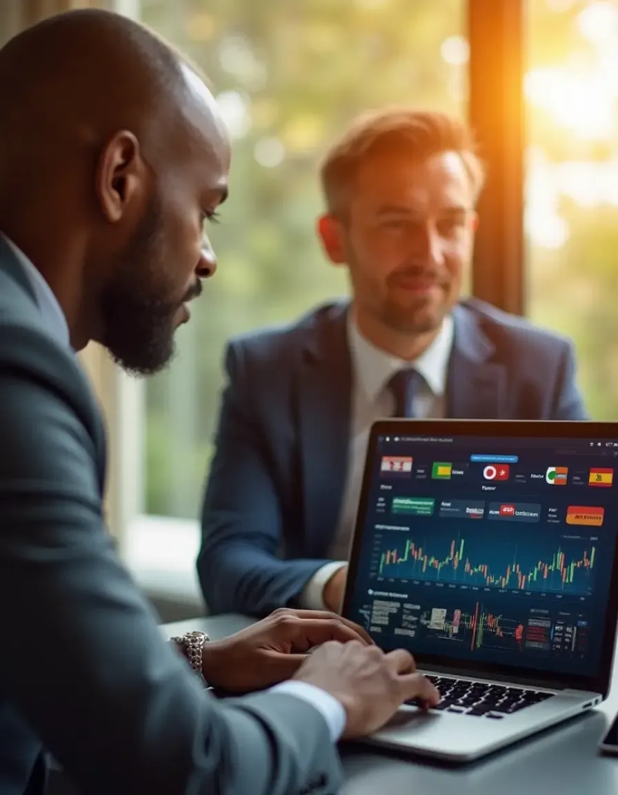 Two professionals in a meeting reviewing international currency trends and market analytics on a laptop.