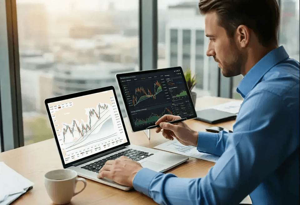 A professional man sits at a desk in a modern office, analyzing financial charts displayed on two laptops. He holds a pen while reviewing market graphs, with documents, a coffee mug and city skyline visible in the background.
