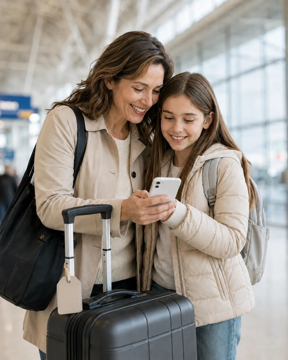 Mother and daughter with luggage looking at a smartphone together at an airport terminal.