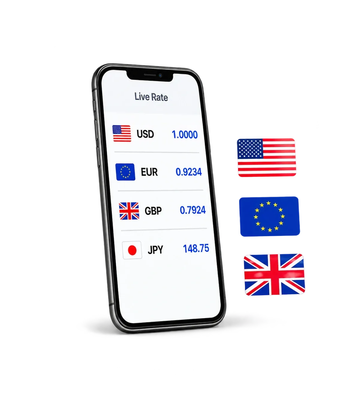 Smartphone displaying live foreign exchange rates for USD, EUR, GBP, and JPY with international currency flags.