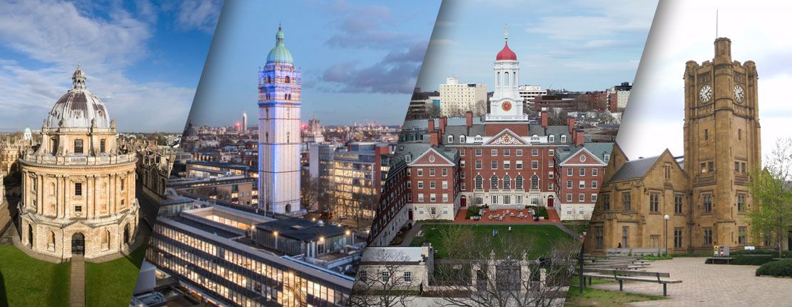Collage of prestigious global university campuses including Oxford, Imperial College London, Harvard, and University of Melbourne.