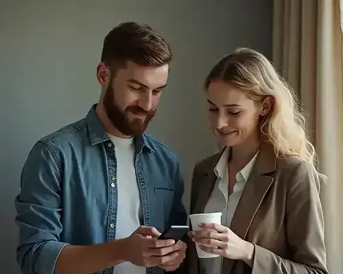 Couple using MTFX on a smartphone to send money to Poland securely from Canada.