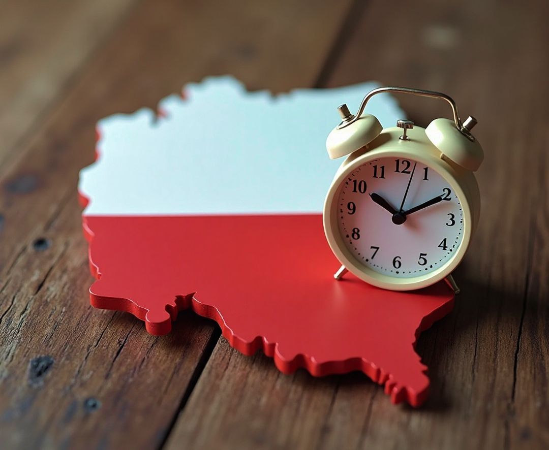Poland map with a clock symbolizing fast and affordable ways to send money to Poland.