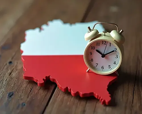 Poland map with a clock symbolizing fast and affordable ways to send money to Poland.