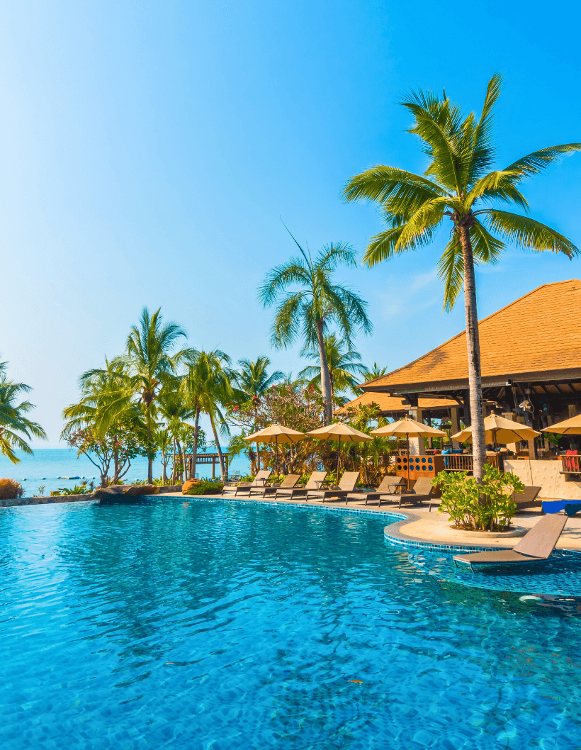 Luxury beachfront property in Mexico featuring a tropical style swimming pool surrounded by palm trees and sun loungers, ideal for international buyers.