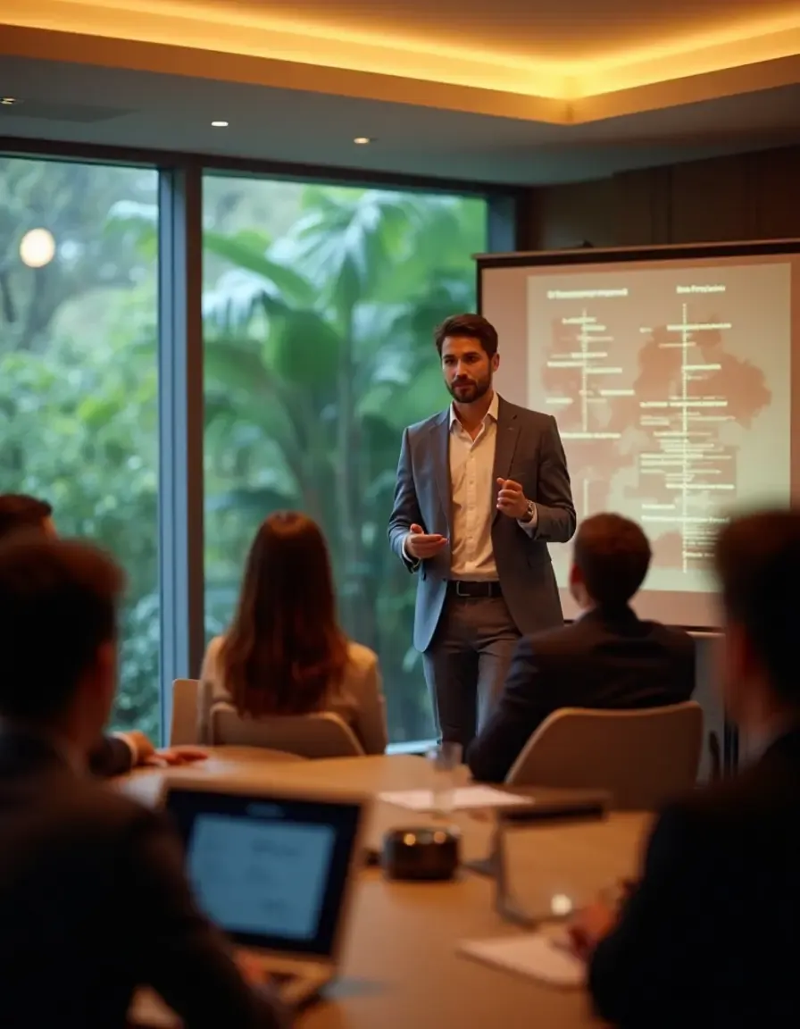 Professional giving a presentation to a team in a modern conference room, with a projected slide displaying structured business data.