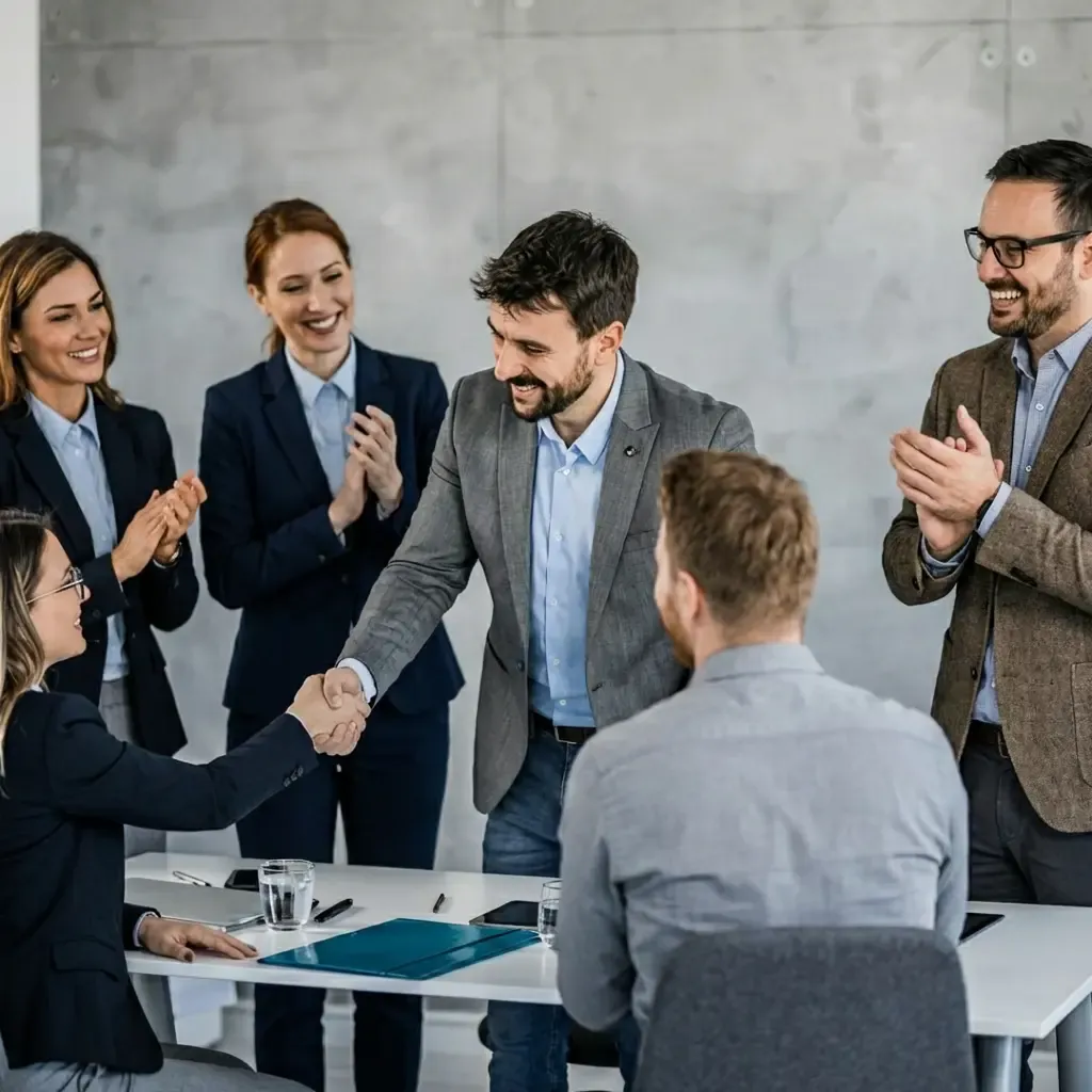 Team of professionals clapping as two colleagues shake hands during a business meeting
