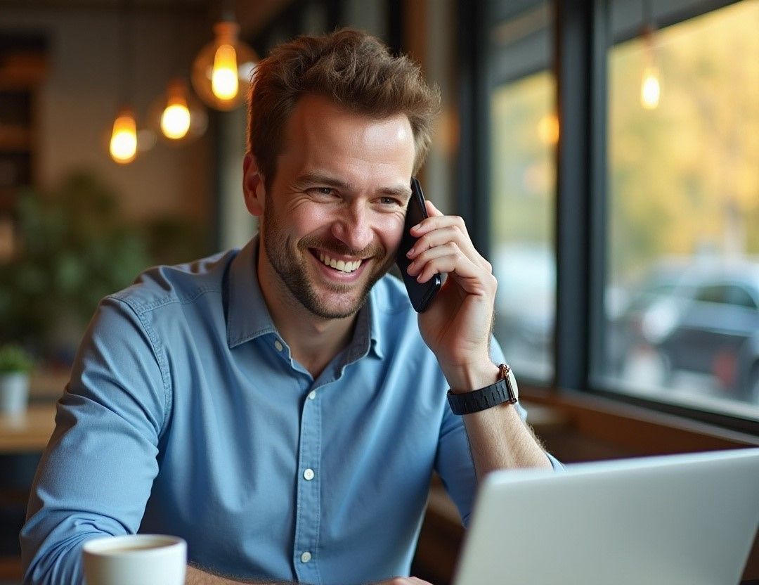 Smiling man on a phone call while working on a laptop, representing a user sending money to China securely with MTFX.