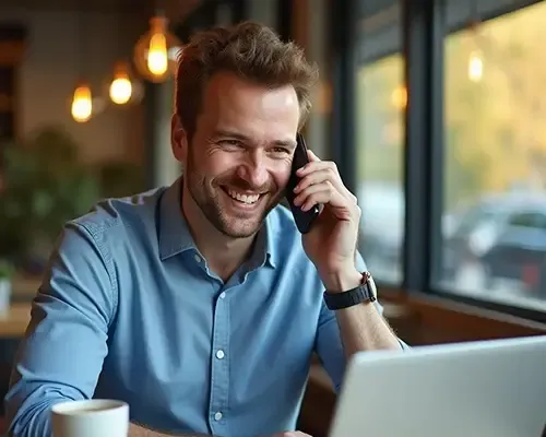 Smiling man on a phone call while working on a laptop, representing a user sending money to China securely with MTFX.