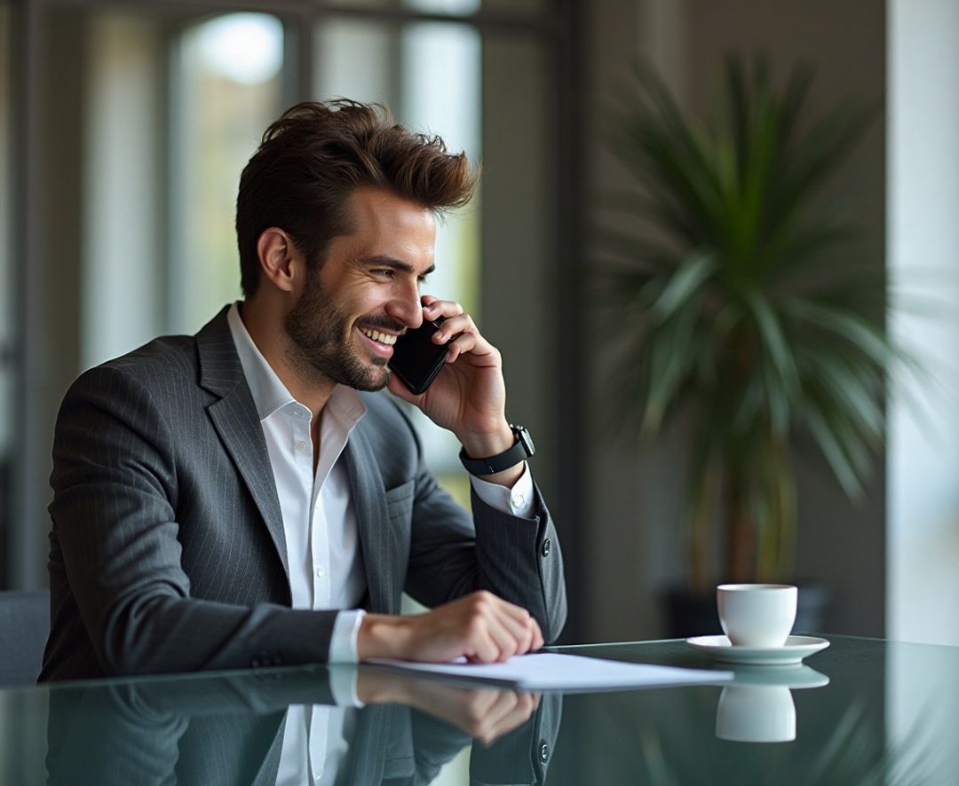 Confident businessman making a phone call at his desk, representing international professionals using MTFX to send money to Italy for personal needs.