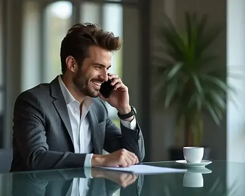 Confident businessman making a phone call at his desk, representing international professionals using MTFX to send money to Italy for personal needs.