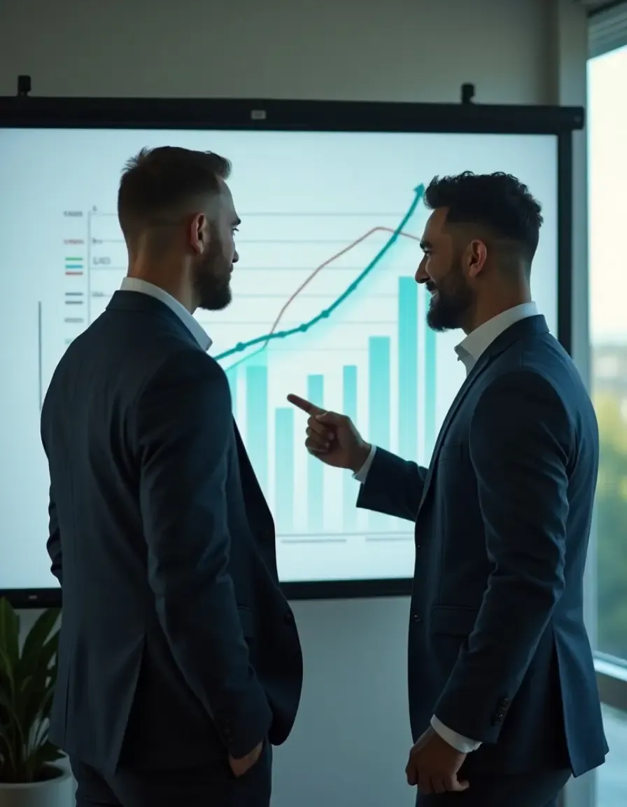 Two colleagues in formal attire discussing a financial presentation with a bar and line chart on screen