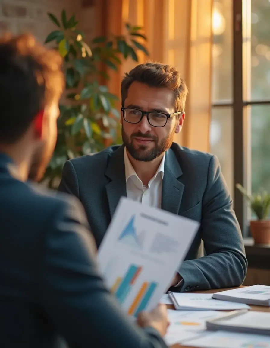 Professional man listening during a meeting with charts and data reports on the table