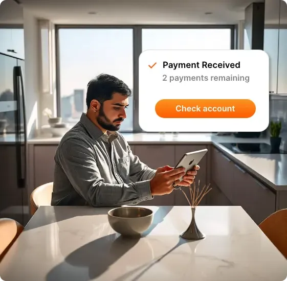 Man checking payment notification on a tablet in a bright kitchen with a message overlay