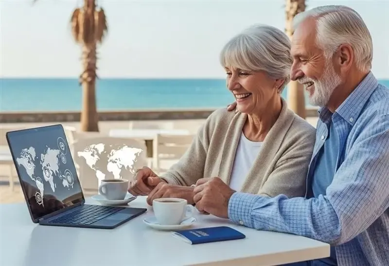 An older couple sitting at an outdoor café near the beach, smiling as they use a laptop with a world map graphic on the screen, symbolizing international money transfers with MTFX.