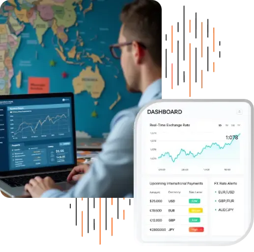 Shield icon layered over currency symbols and charts, depicting financial security, illustrating how MTFX protects global business payments and mitigates risks in international B2B transactions.