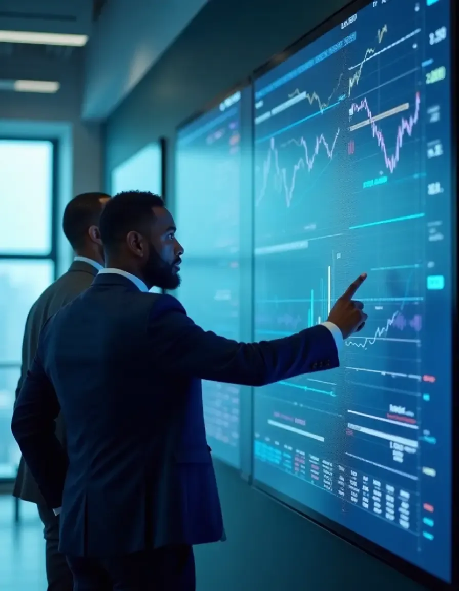 Business professional analyzing financial data on a large digital screen with charts and graphs