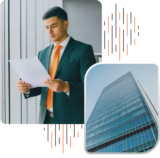 Businessman reviewing documents beside an image of a tall modern office building