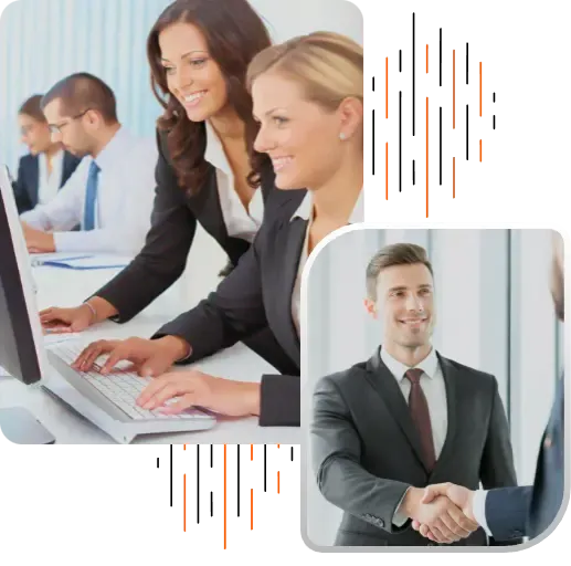 Professional women working on computers and a businessman shaking hands in a corporate setting