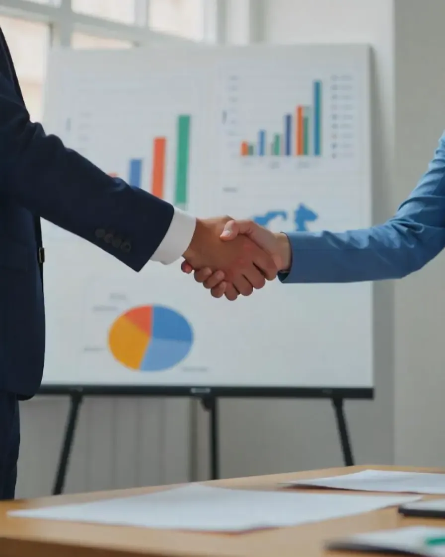 Two professionals shaking hands in front of a presentation board with bar and pie charts