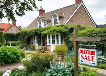 Charming brick cottage with ivy-covered exterior and a for-sale sign in the garden