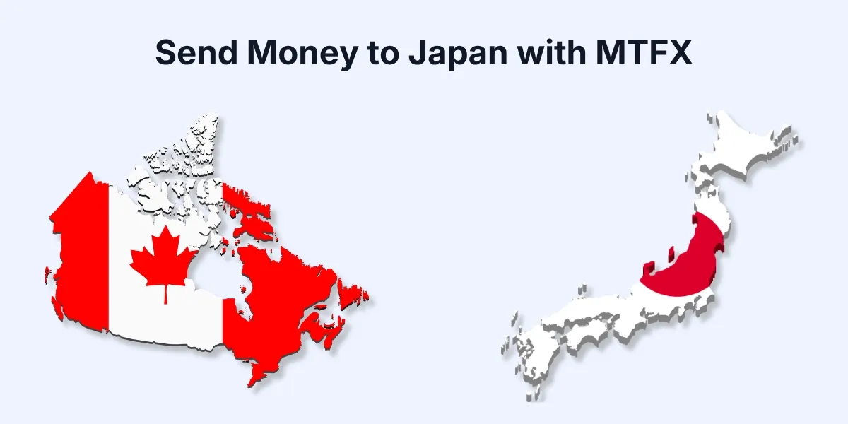 Illustration showing Canada and Japan maps with national flag colours for MTFX international money transfers from Canada to Japan.